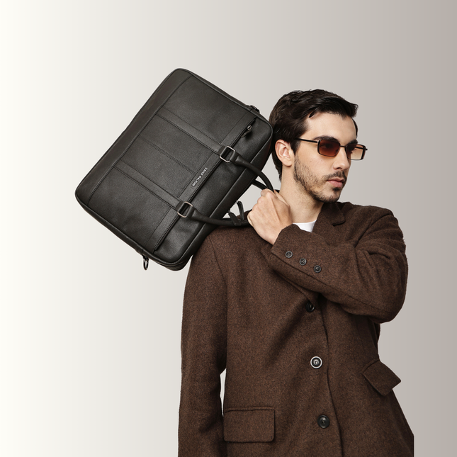 Gauge Machine Citadel Black Leather Laptop Bag