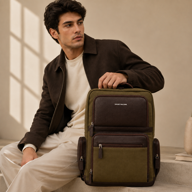 Gauge Machine Crest Genuine Leather and Canvas Backpack